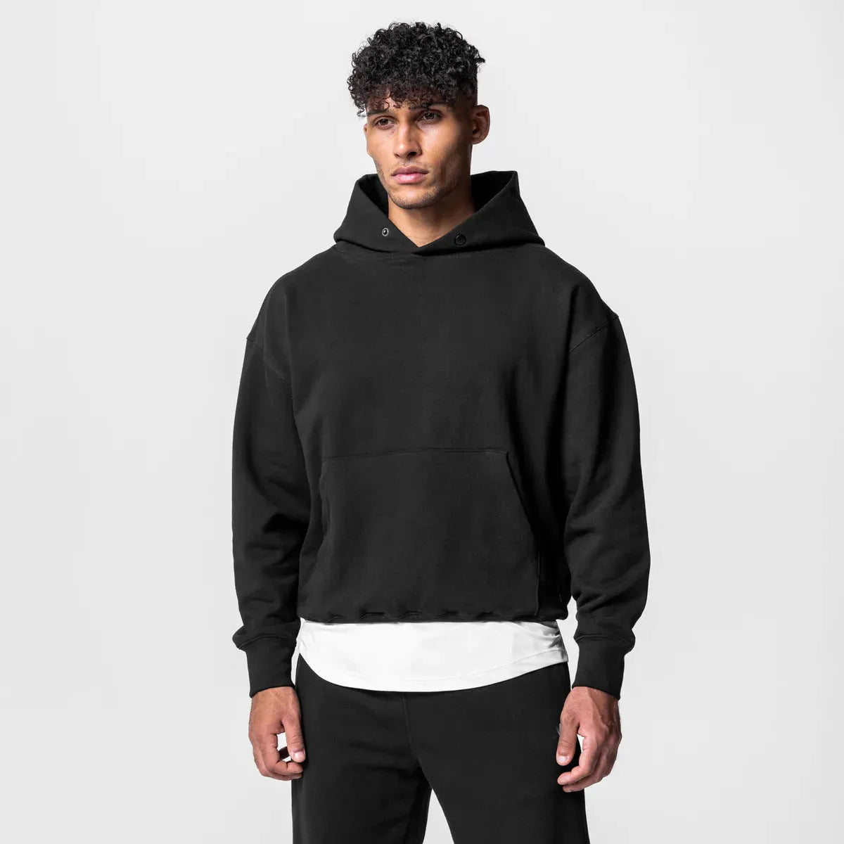 Men's cotton hoodie and jogger tracksuit set in black with pullover top and trousers for sports