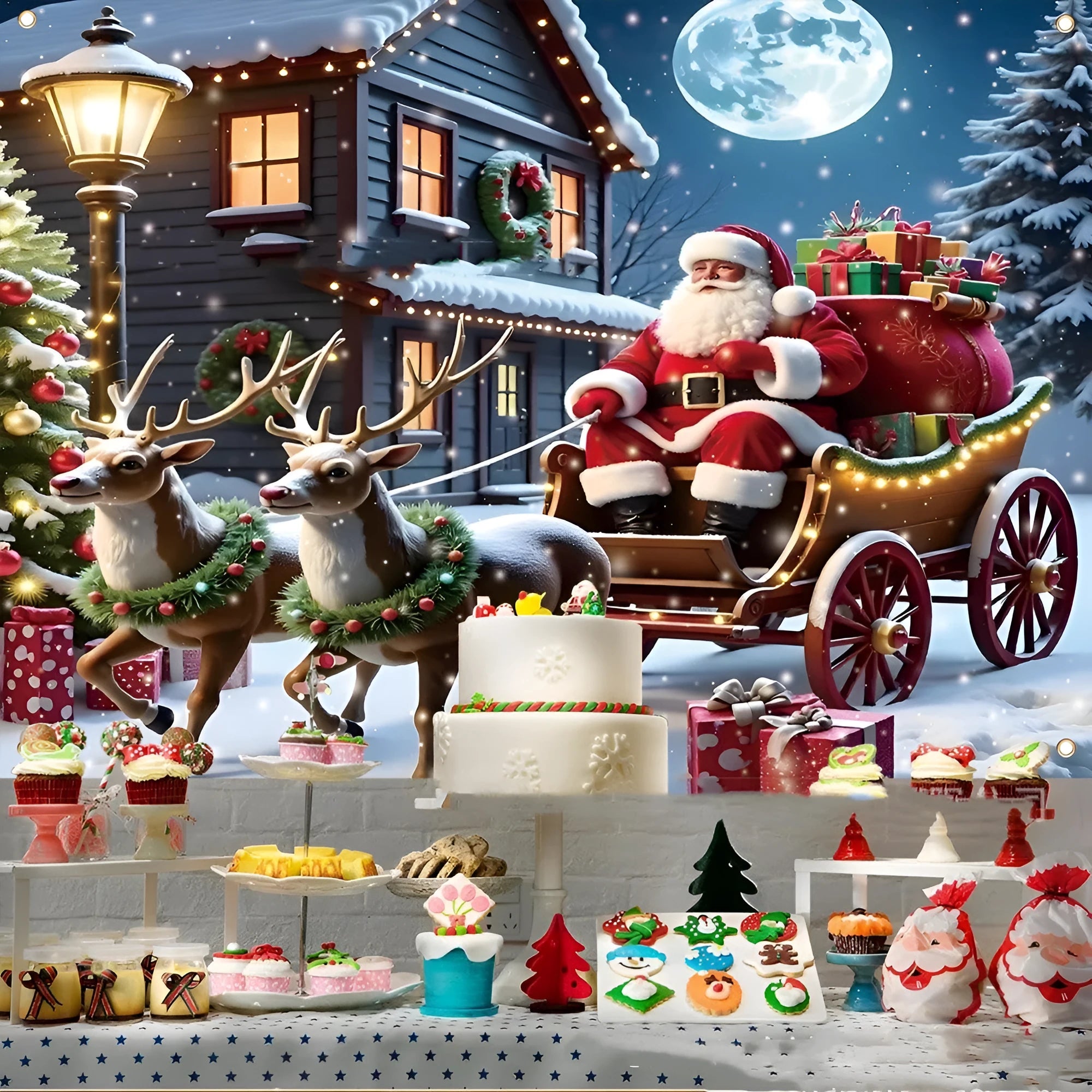 Large red Christmas banner with Santa Claus and gifts measuring 210x150 cm