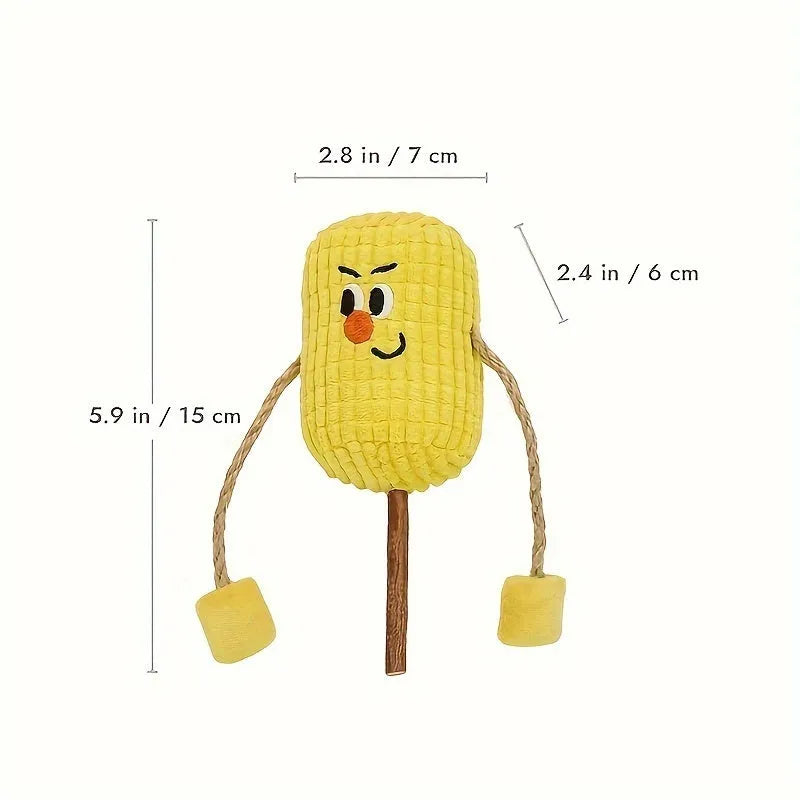 Natural wood corn cob shaped chew toy for cats on a white background.