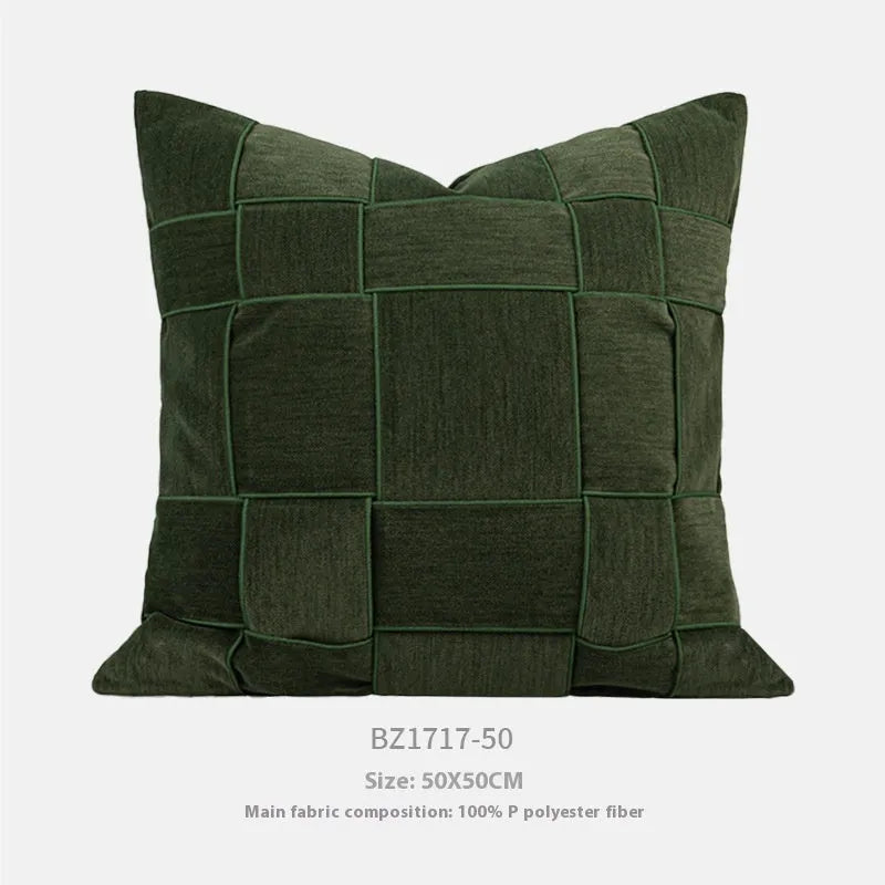 Chenille woven square cushion in beige colour on a sofa, showing its 50x50cm size and textured fabric.