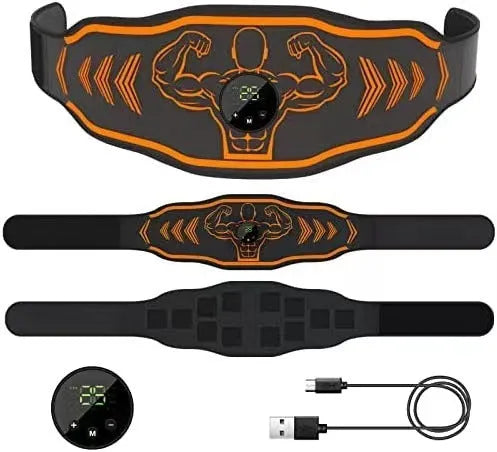 Smart EMS massage belt fitness equipment in orange and blue colours with rechargeable host and arm stickers