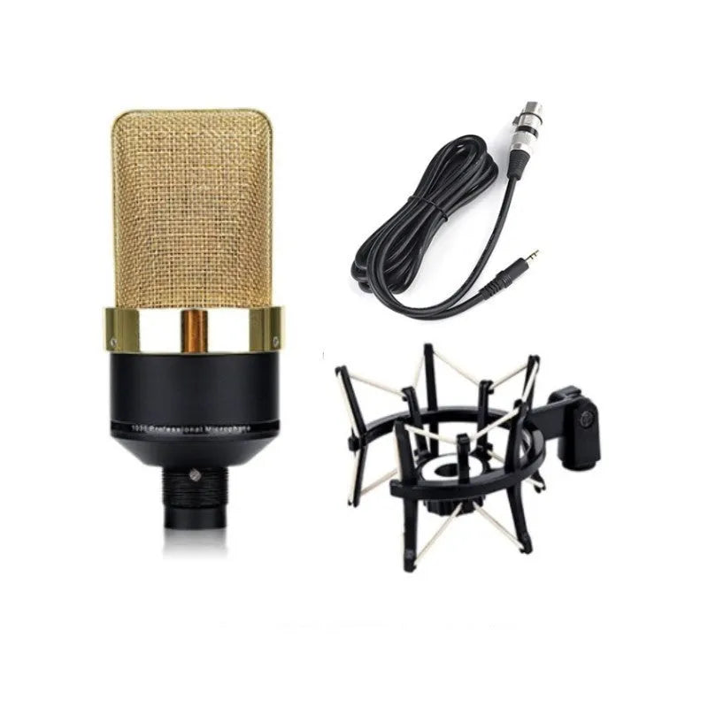Wired condenser microphone with stand in champagne gold or black gold finish for vocal recording
