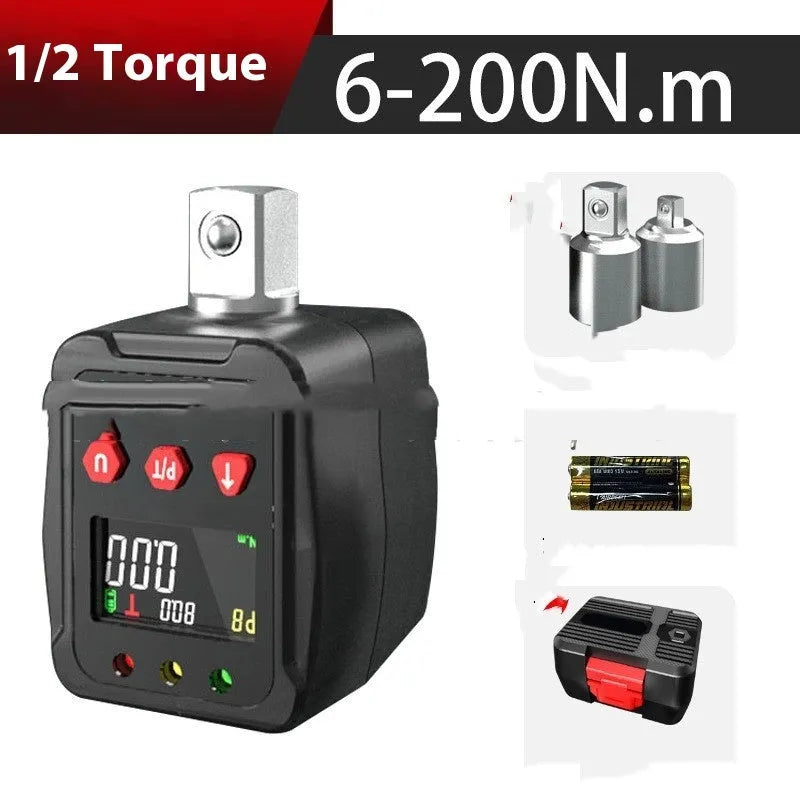 Digital torque meter with 1/2 inch square drive and display head in three-piece metal set