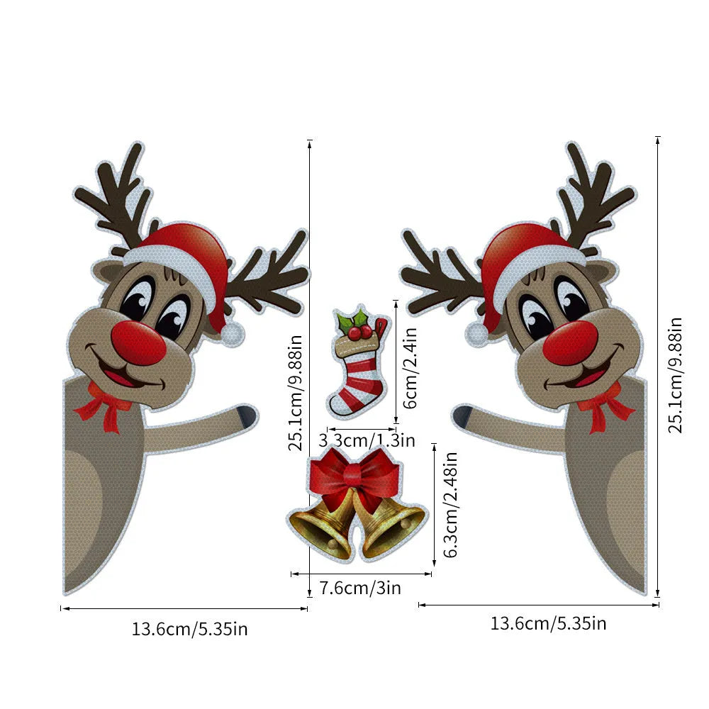 Cartoon Christmas elk and bell design magnetic bumper stickers with reflective and luminous properties.