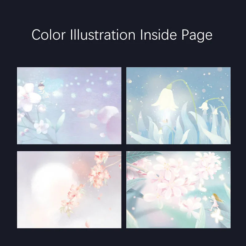 A5 notebook with a luminous cover open to show internal colour illustrations, next to Purple, Light Blue, Gold, and Deep Blue colour options.