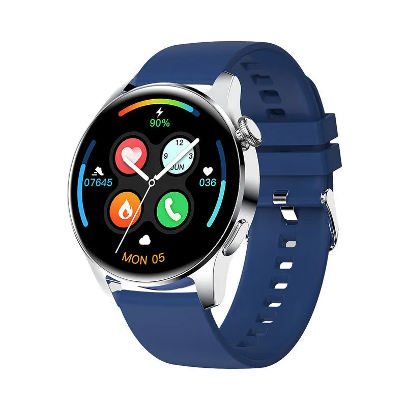 Smart watch with colour touch screen showing heart rate data, with a black silicone sports strap on a wrist.