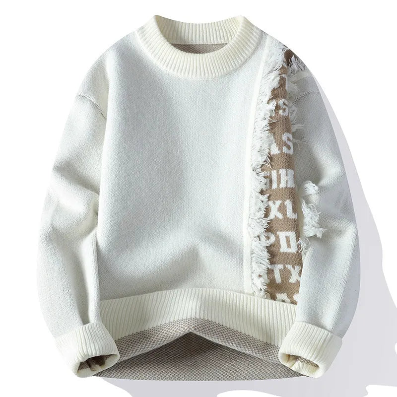 Men's loose knitted pullover with ribbed hem in polyester and rabbit fur blend fabric