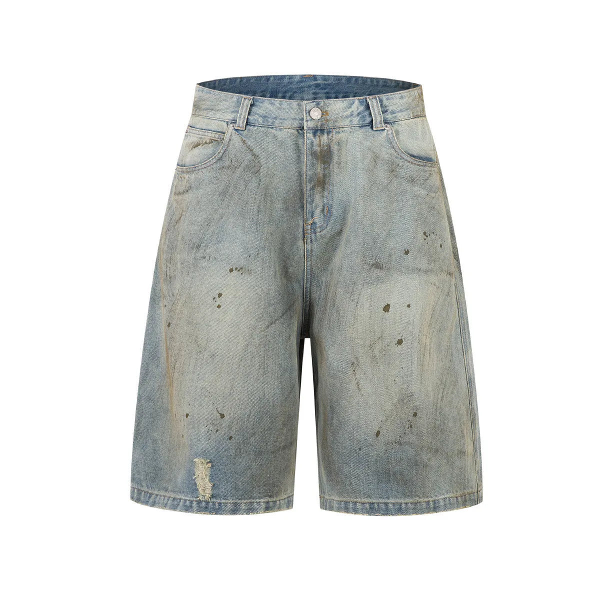 Blue washed straight-leg cropped denim trousers with zip fly closure on hanger