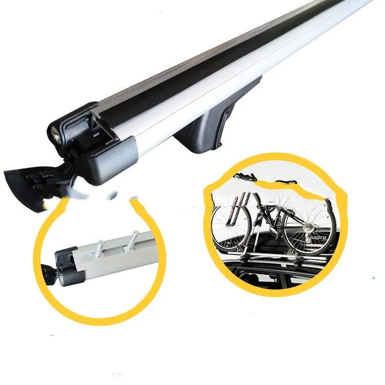 Two silver alloy roof rack crossbars for a GM SUV, shown with adjustable length between 120cm and 135cm.