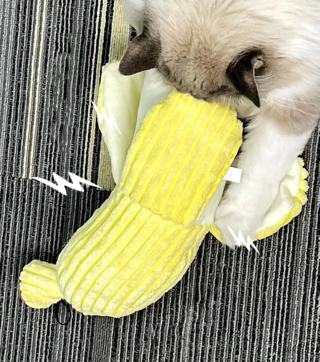 Yellow banana-shaped cat toy with plush fabric, measuring 33cm long