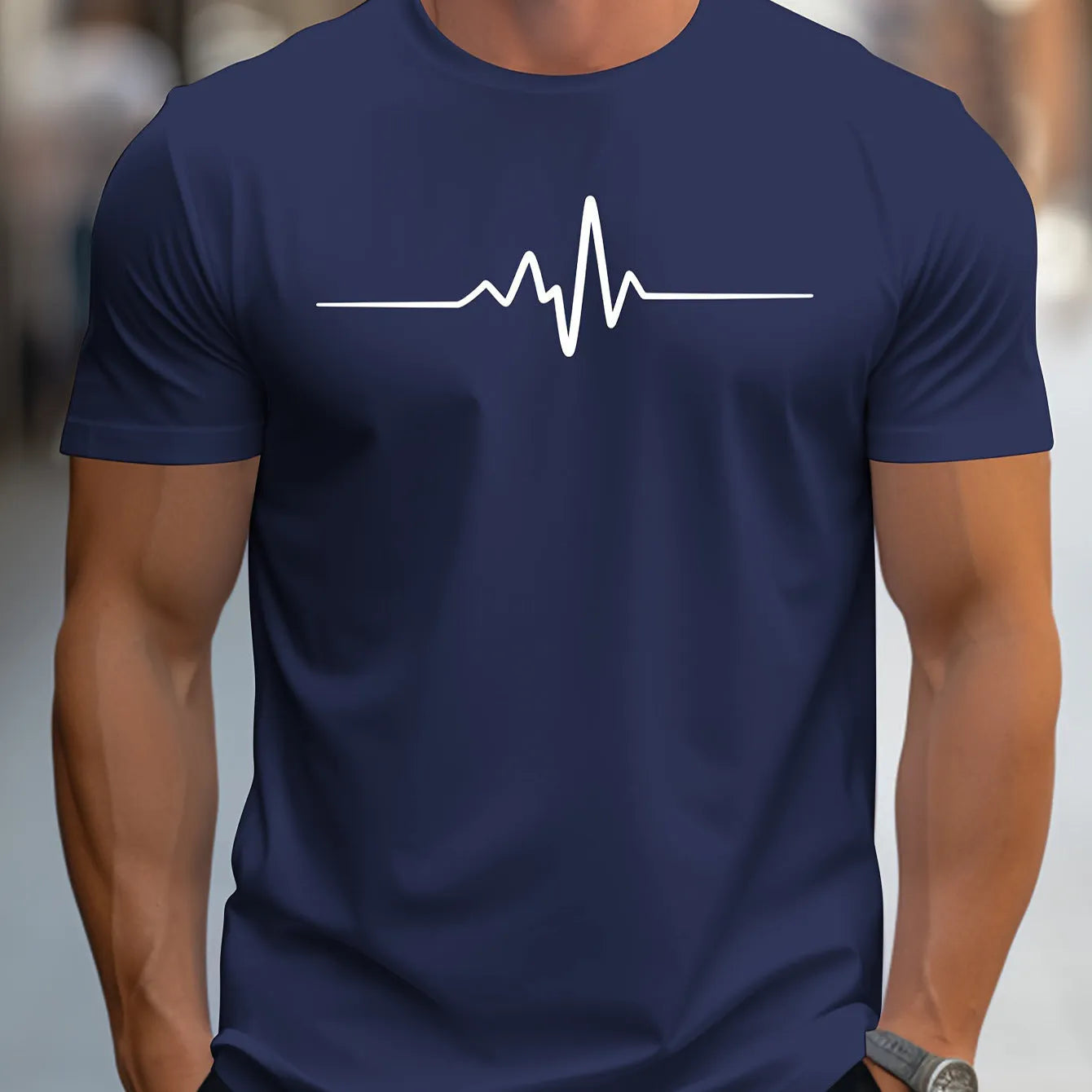 Men's loose-fit grey t-shirt with a raised 3D letter pattern on the front, short sleeves.