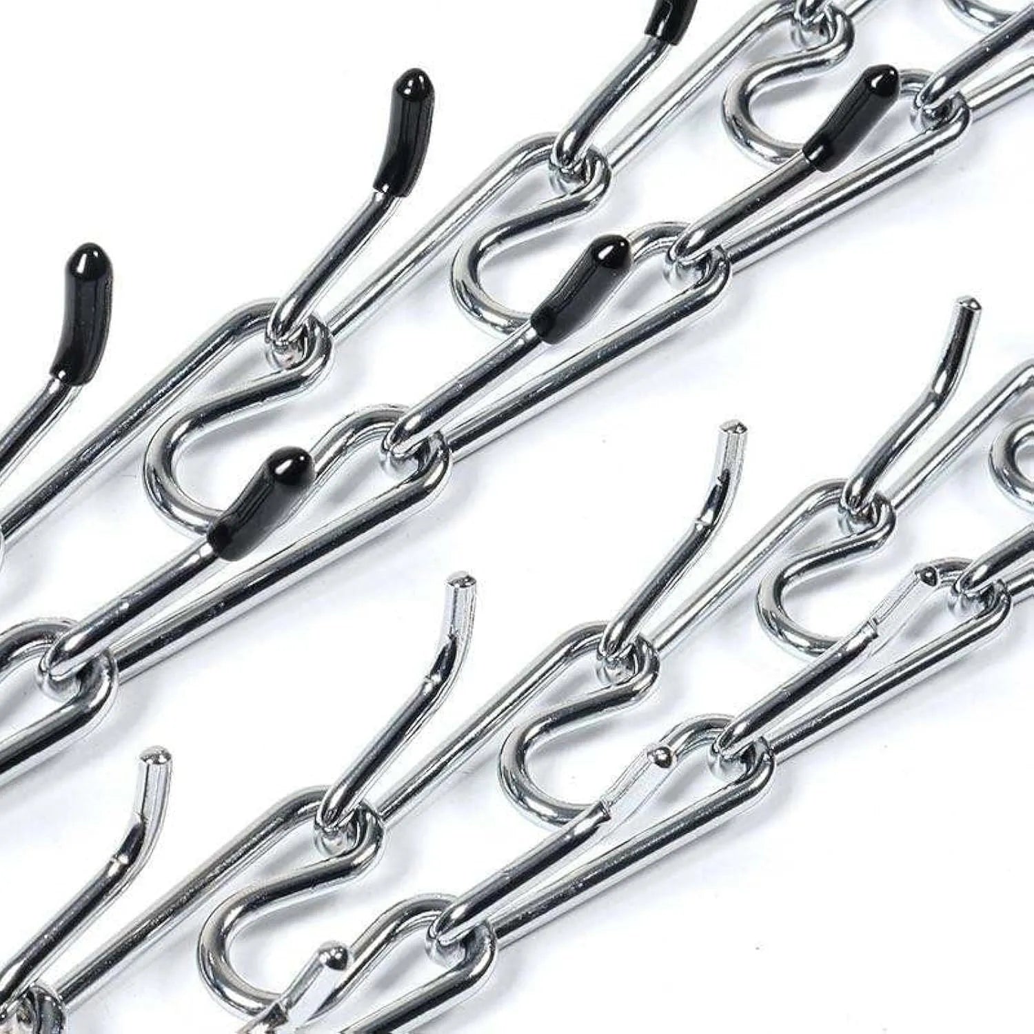 Stainless steel dog prong training collar with black rubber comfort tips, shown with adjustable chain links.