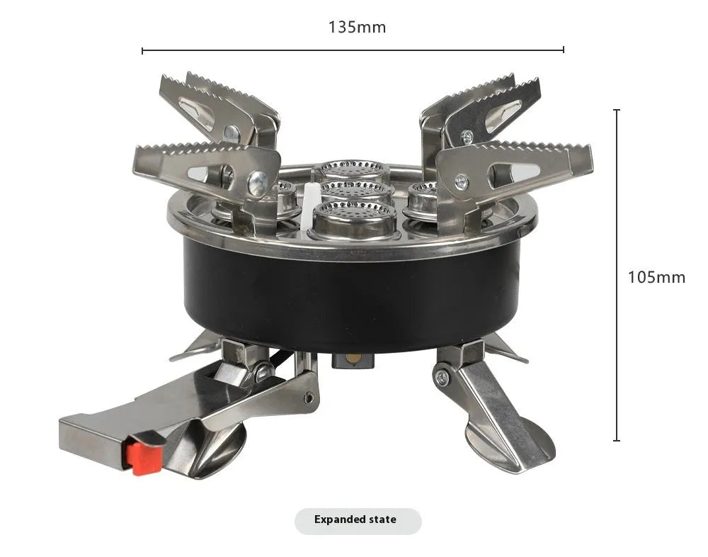 Silver portable split camping stove with extended hose shown folded and unfolded for outdoor cooking