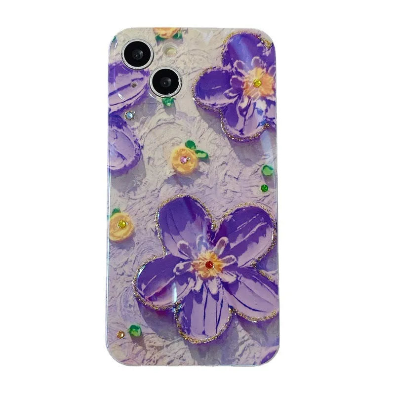 Purple and yellow mobile phone cases with oil painting floral design and inlaid diamond decoration.