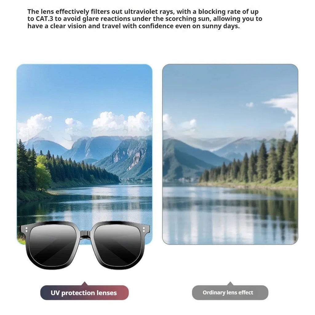 Black AI smart glasses with Bluetooth audio functionality and touch controls