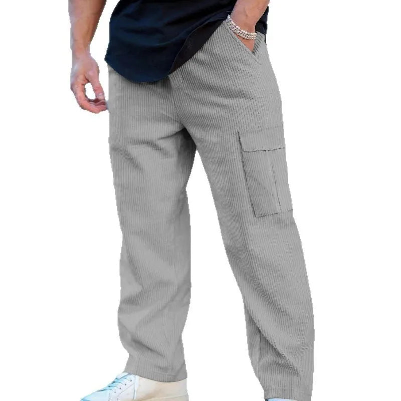 Men's corduroy cargo trousers in wide-leg straight fit with drawstring waist in multiple colour options
