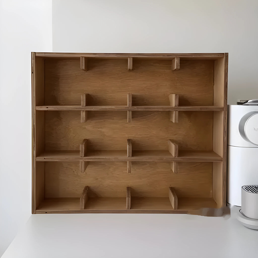 Square solid wood cup storage rack with birch finish and multiple square compartments for organising mugs.
