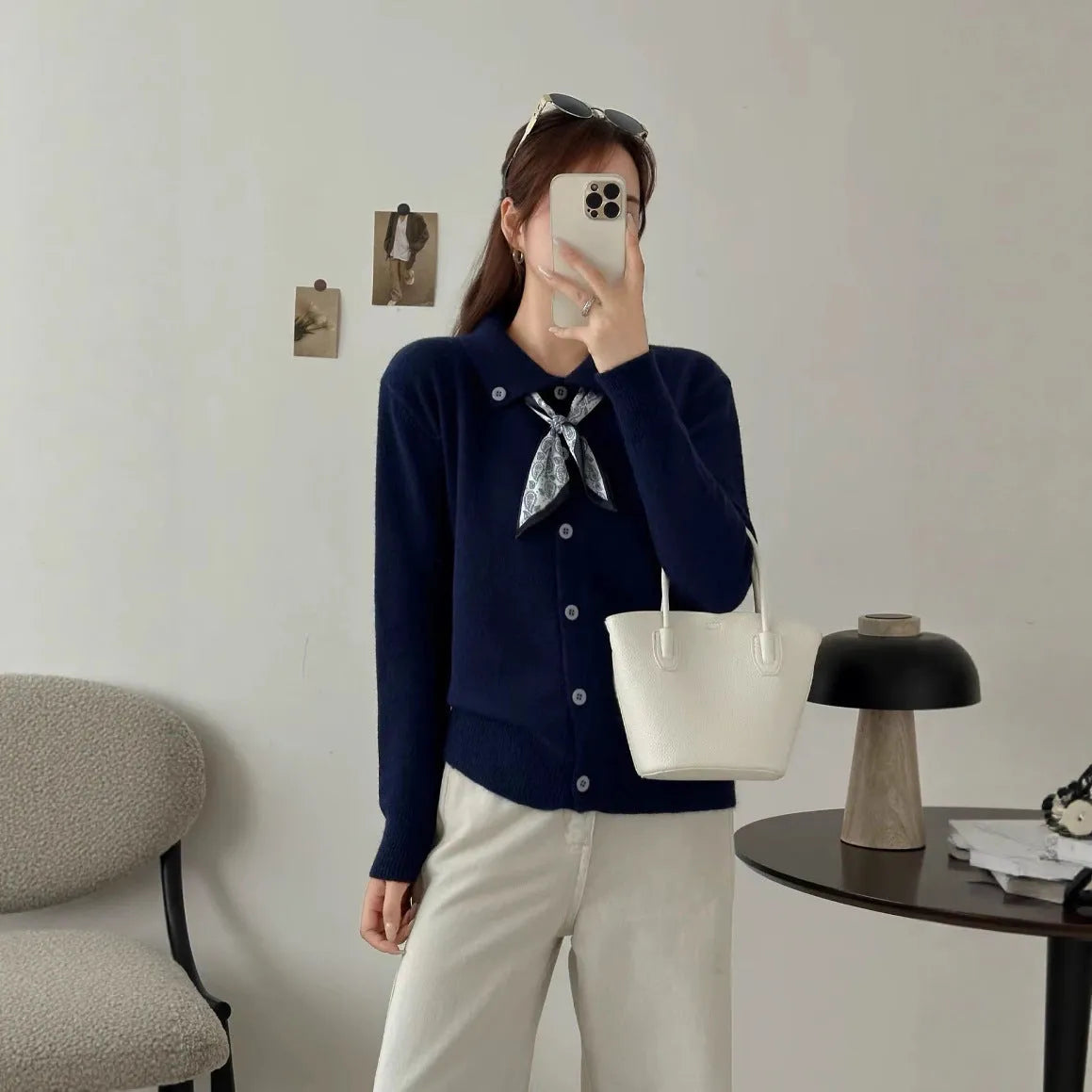 Beige cardigan sweater with lapel scarf collar and splicing design detail