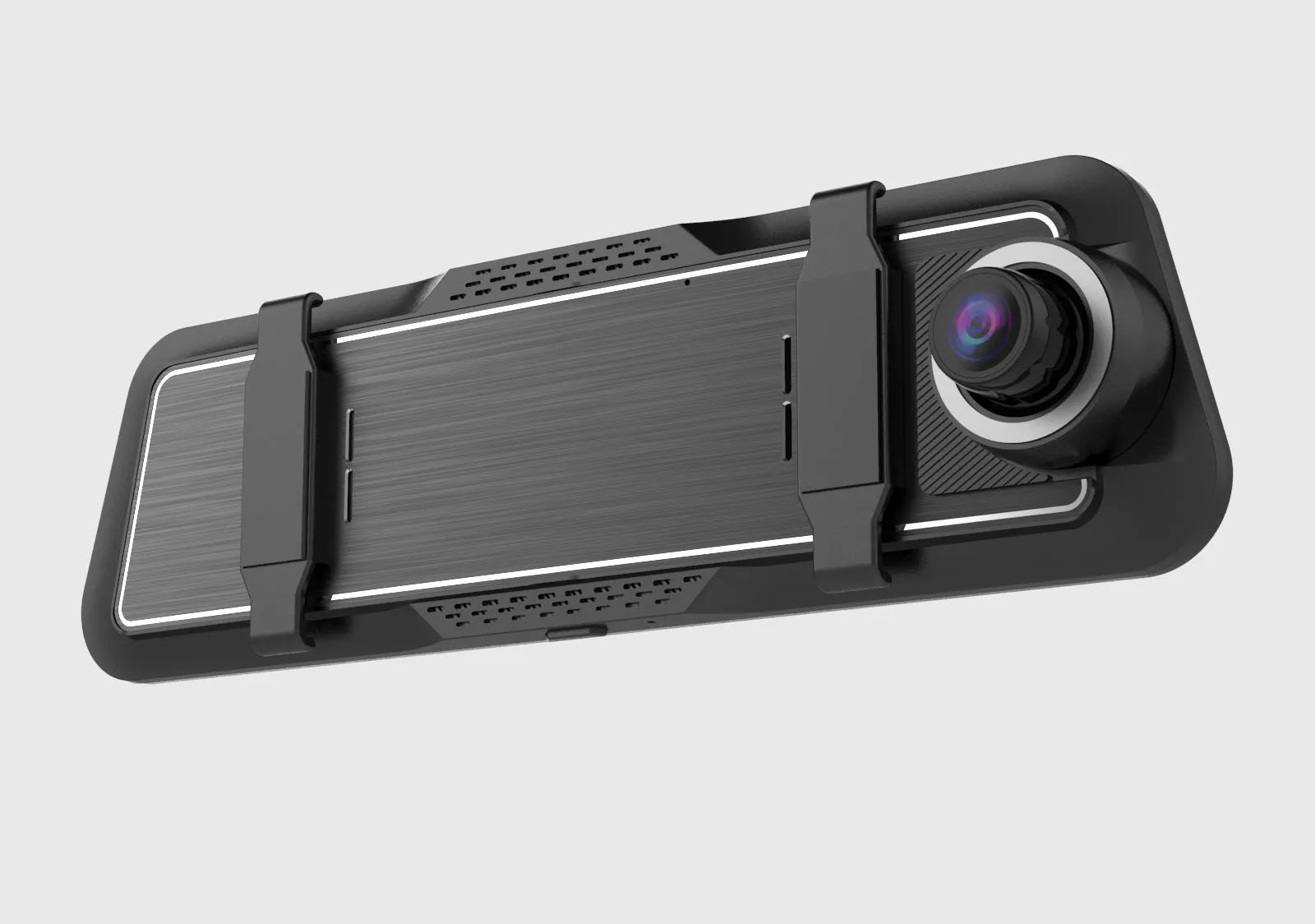 Dual-lens car dash cam with large touch screen mounted on rearview mirror.