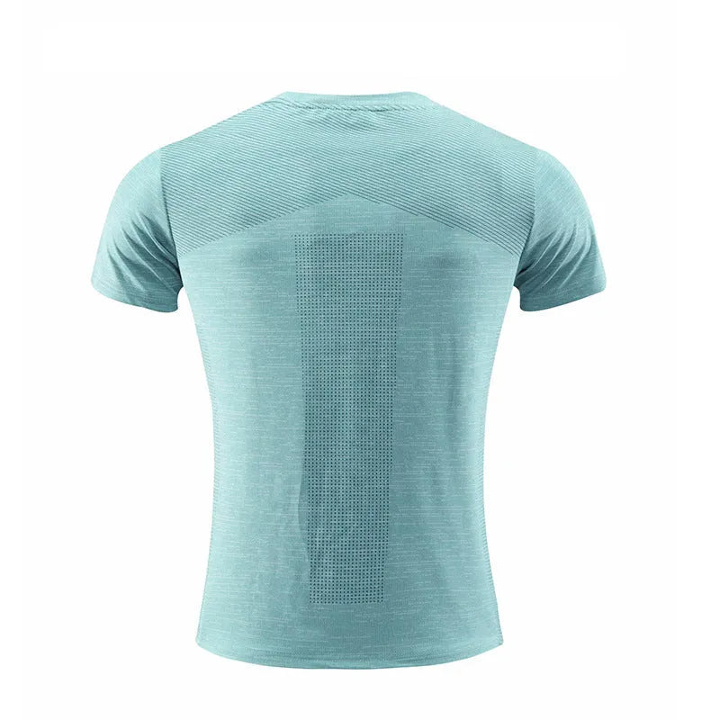 Red polyester spandex short sleeve running t-shirt laid flat