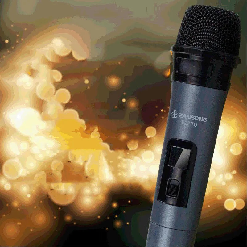 Black V12 handheld dynamic microphone with USB receiver and audio cable for computer and amplifier connection