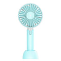 Blue handheld mini desktop electric fan with USB cable and three speed settings