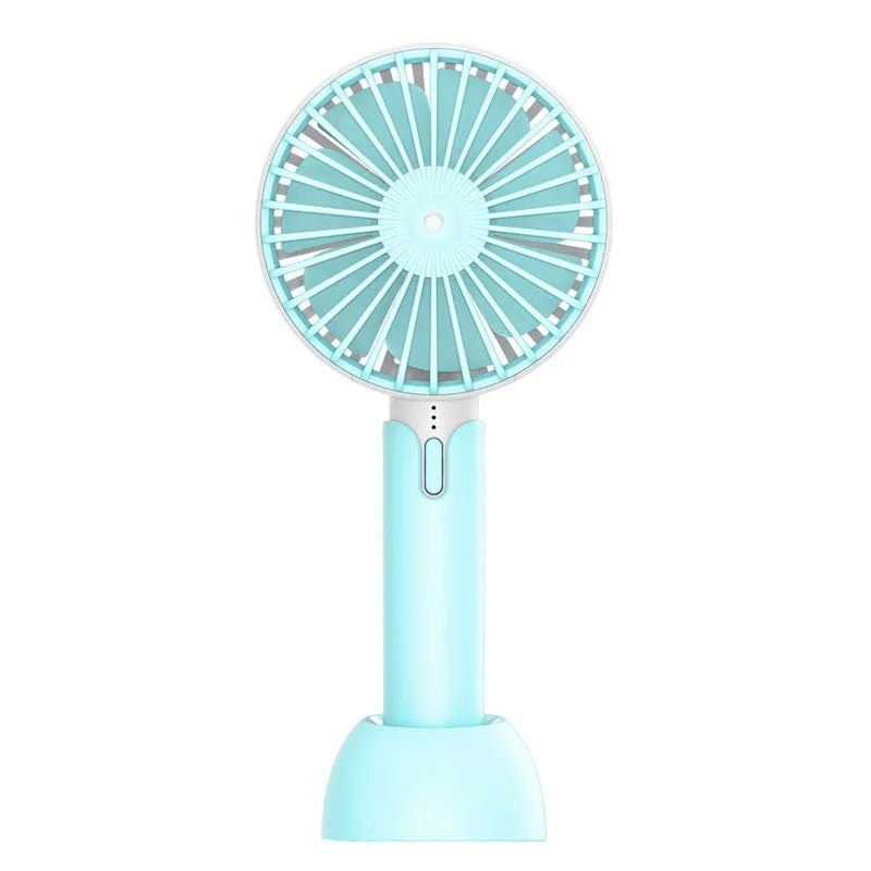 Blue handheld mini desktop electric fan with USB cable and three speed settings