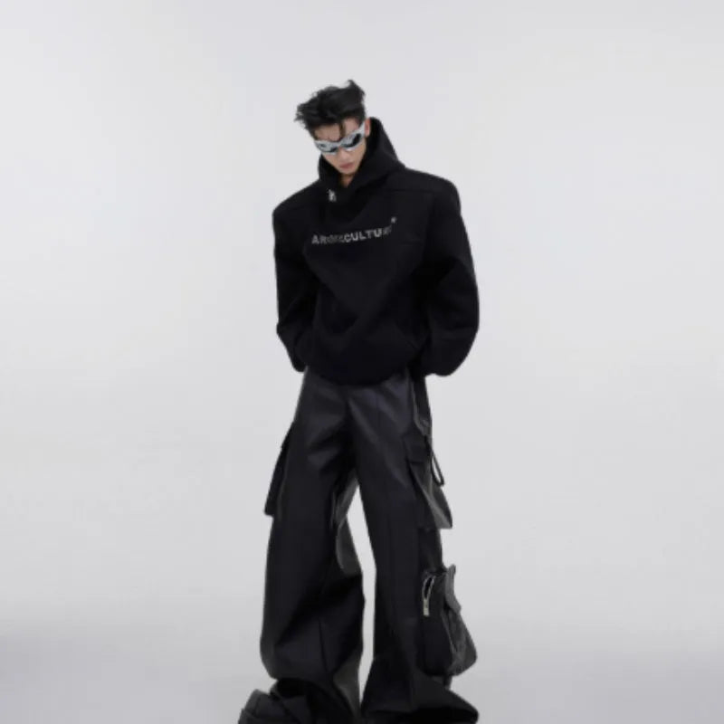 Men's loose hooded sweater with heavy shoulder pads and three-dimensional metal printing in red, black, or grey