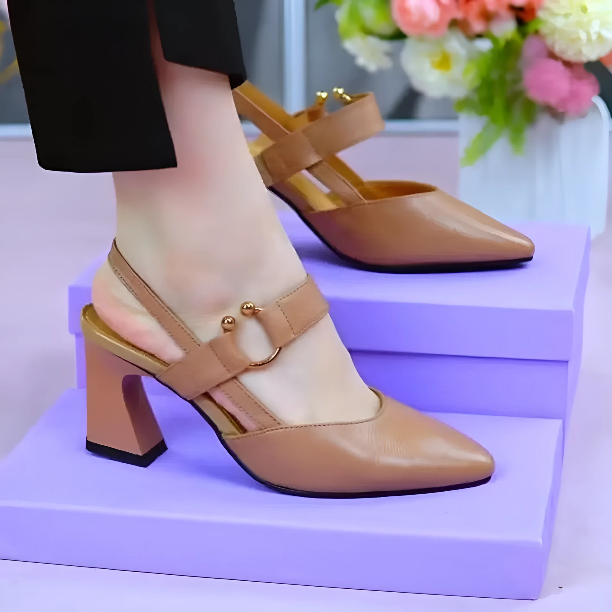 Women's apricot leather closed-toe sandals with a chunky heel and backless slip-on design.