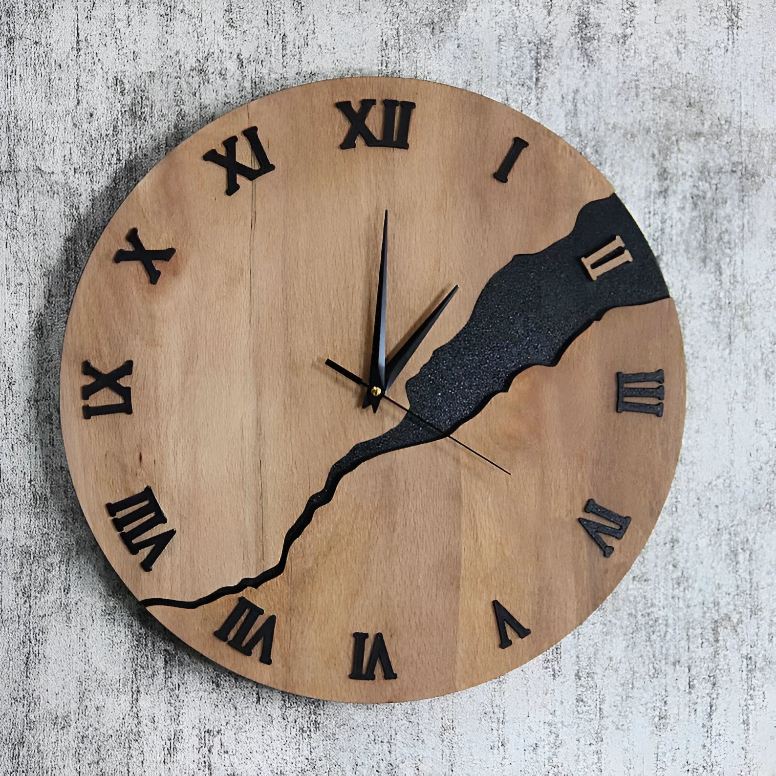 Modern wooden wall clock with creative crack pattern design on white wall