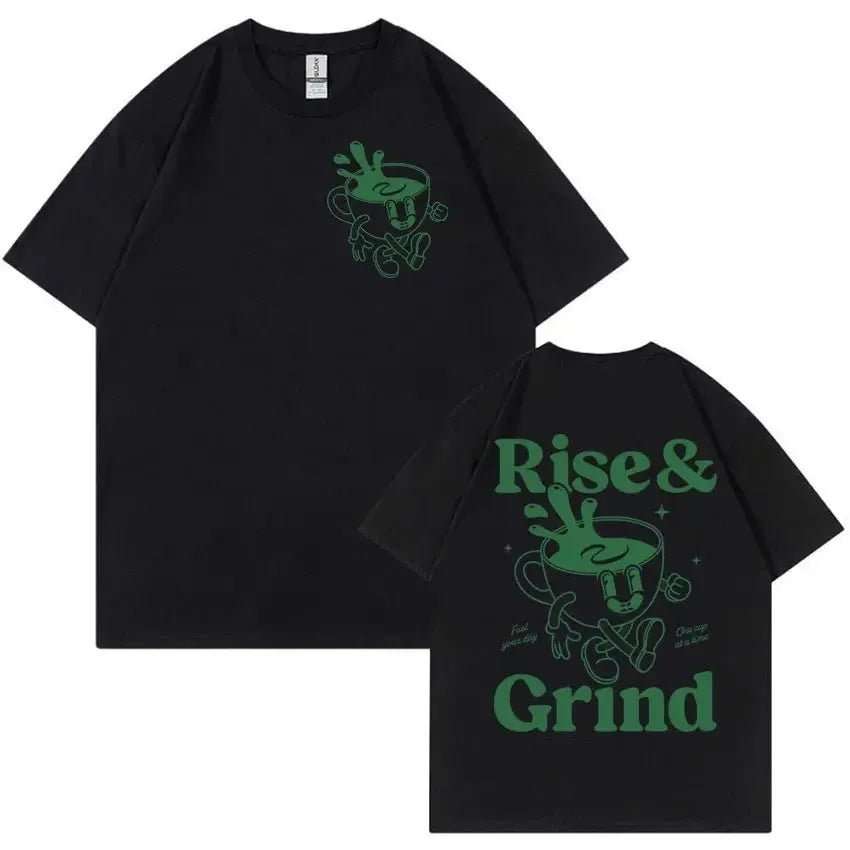Men's black linen T-shirt with 'Rise And Grind Green Coffee' cartoon and text print in a loose fit