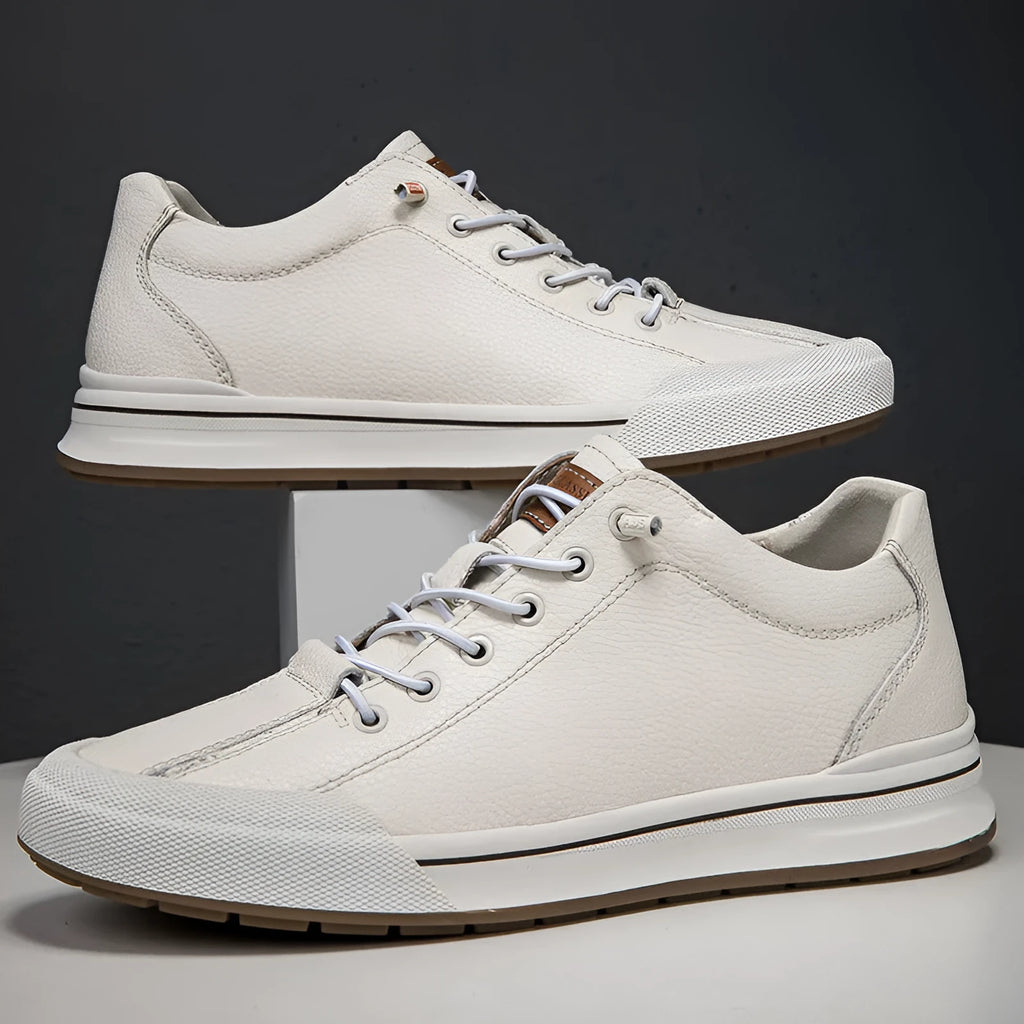 Men's white and black leather casual shoes with flat heel and round toe design showing multiple lining options