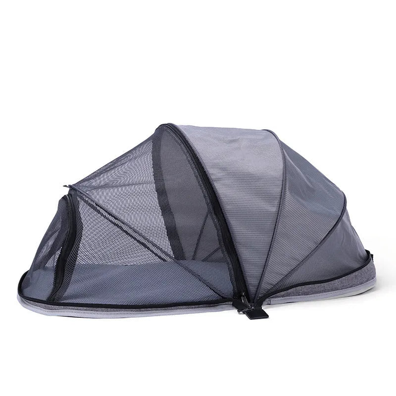 Portable cat folding tent in L code size with half mesh panels shown folded and set up