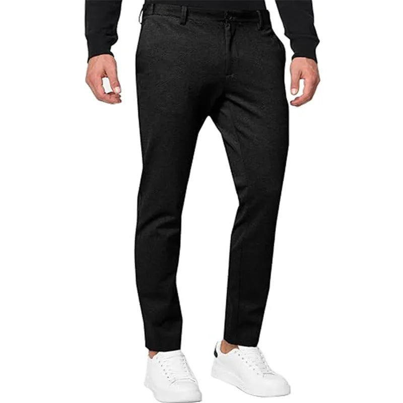 Men's slim-fit tapered chino trousers in stretch cotton blend fabric with pleated front detail