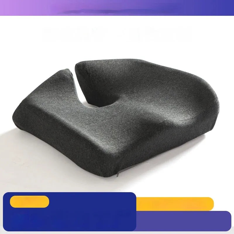 Memory foam office chair cushion measuring 36x40x11cm in dark grey colour with mesh backing