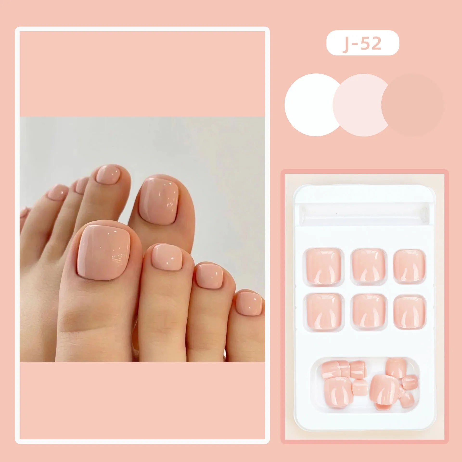 Pack of finished skin colour false toenails and a tube of adhesive glue for nail art.