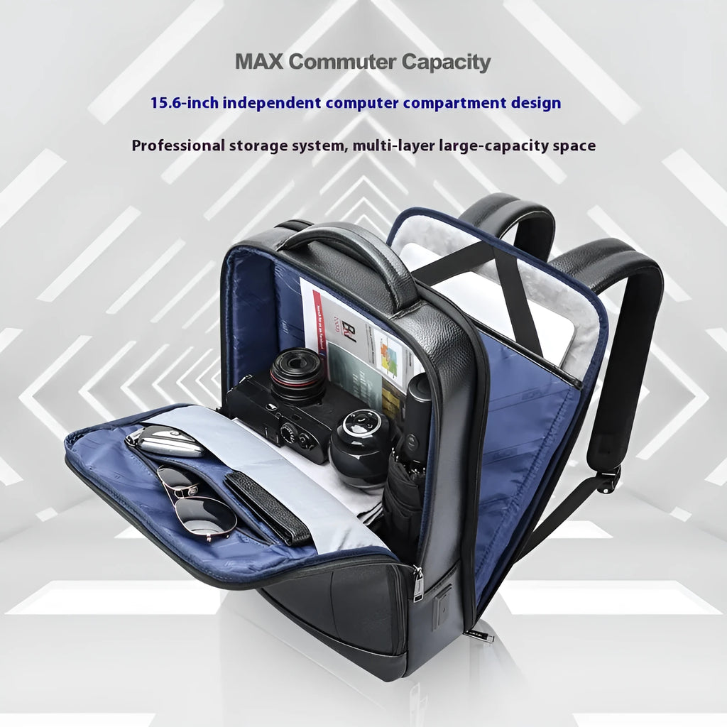 Black genuine cowhide leather business backpack with USB interface and curved shoulder straps