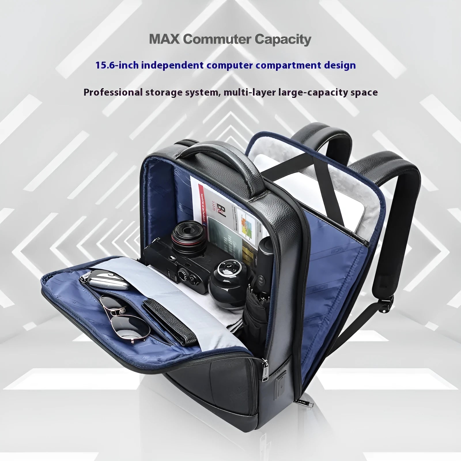 Black genuine cowhide leather business backpack with USB interface and curved shoulder straps