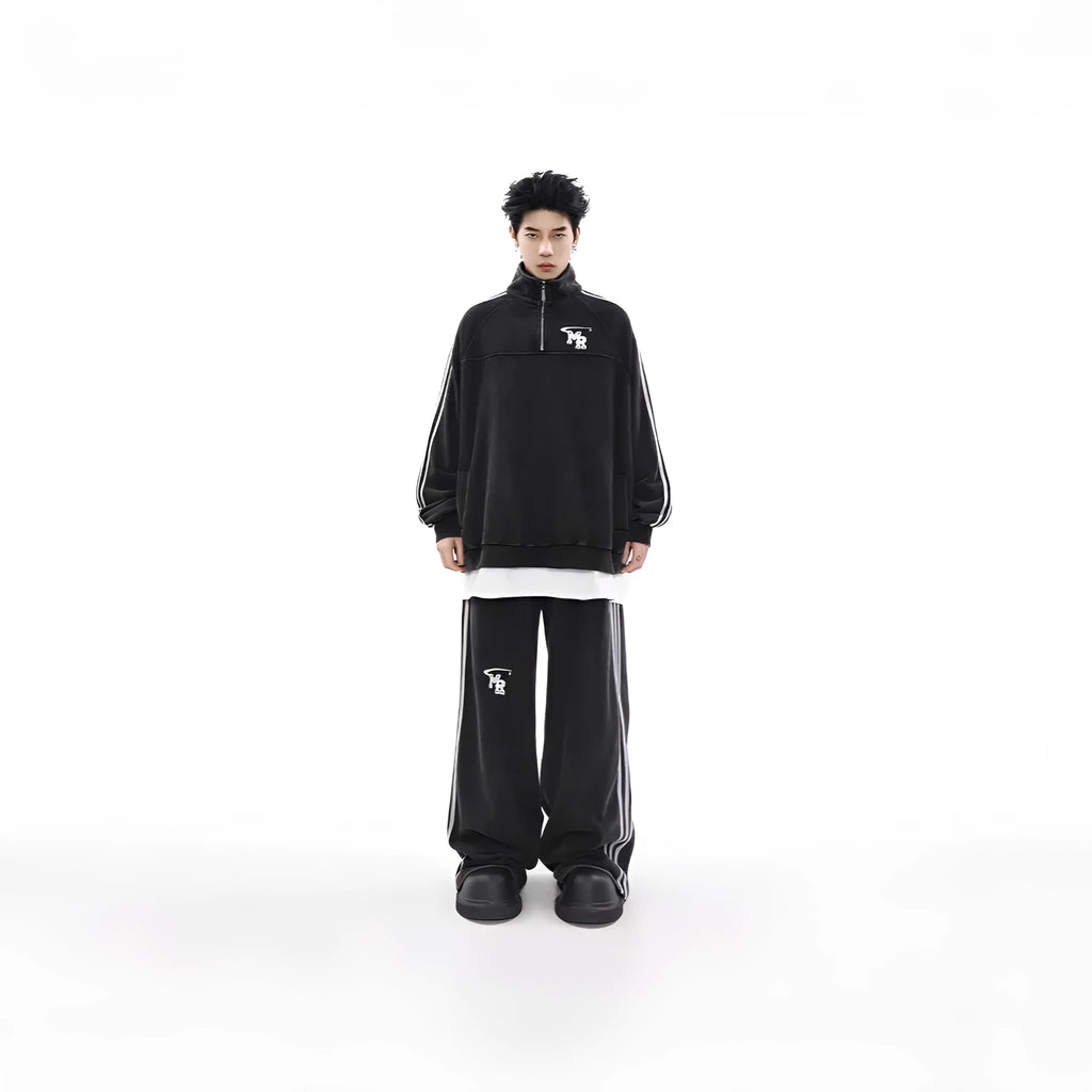 Black polyester stand collar hoodie with Hong Kong style casual sports design