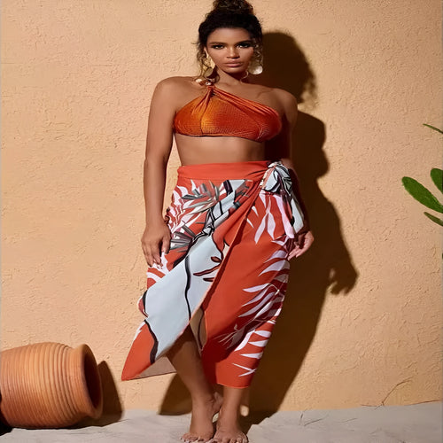 Brown high-waist push-up bikini set with chiffon dress cover-up for women