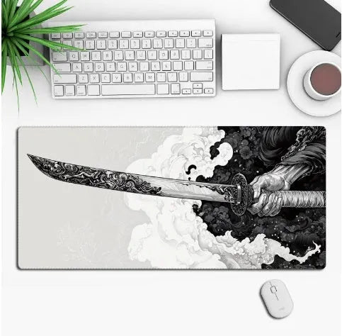 Hot anime series gaming mouse pad with colourful graphic, shown on a desk with a mouse.