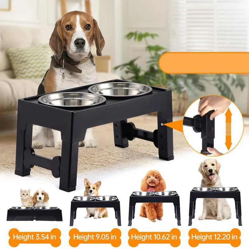 Black pet lifting feeding bowl with stainless steel double bowls and anti-tumble base for medium large dogs