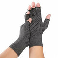 Grey half-finger compression gloves with anti-slip palm, shown in dispensing and non-dispensing styles.