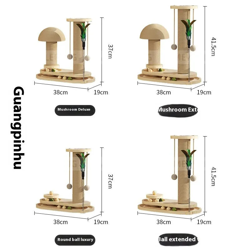 Solid wood cat turntable scratching post with climbing frame in natural timber construction