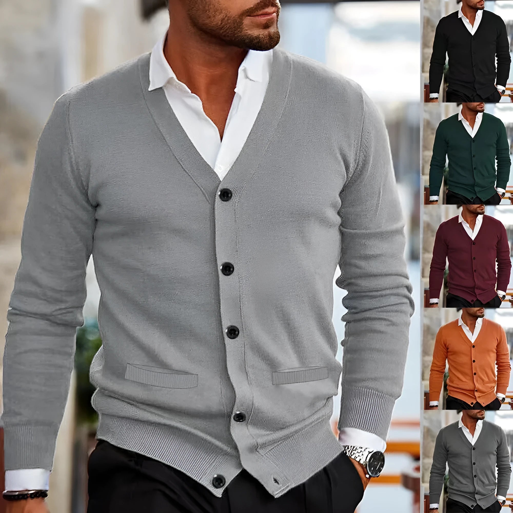 Men's slim fit acrylic cardigan sweater in a choice of seven colours including beige, black, grey, wine red, and green.