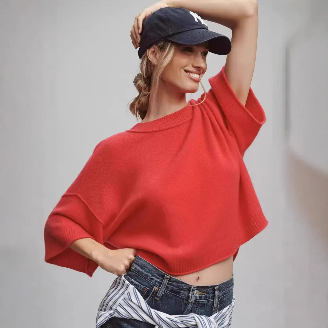Red and white hot girl style viscose T-shirt with exposed navel design on a hanger.