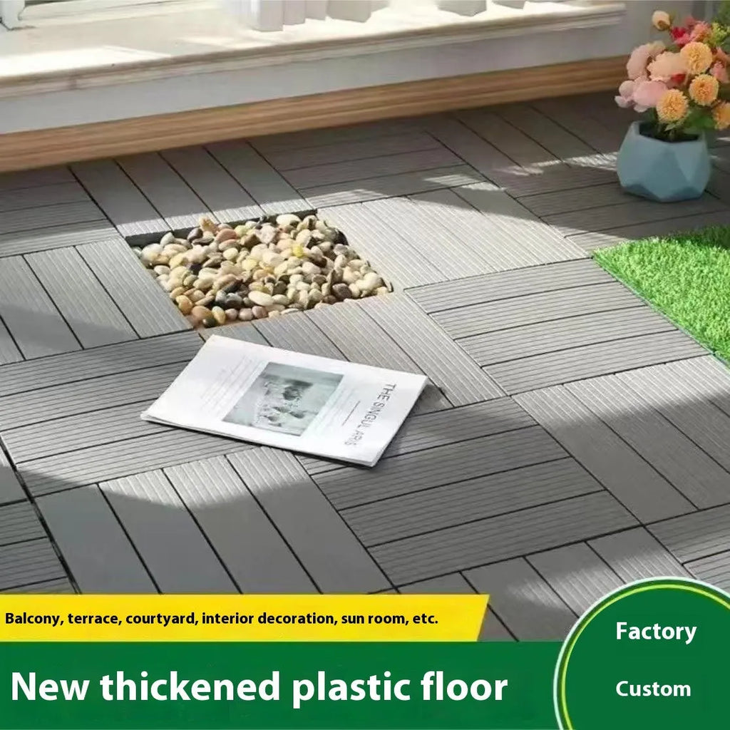 Wood grain plastic floor tiles showing splicing edges, 300mm by 300mm size