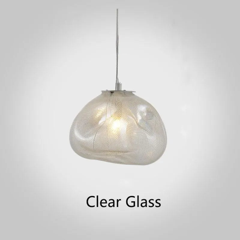 Modern fabric chandelier with glass shade shown in small and large sizes with clear, amber, and smoke grey light options.