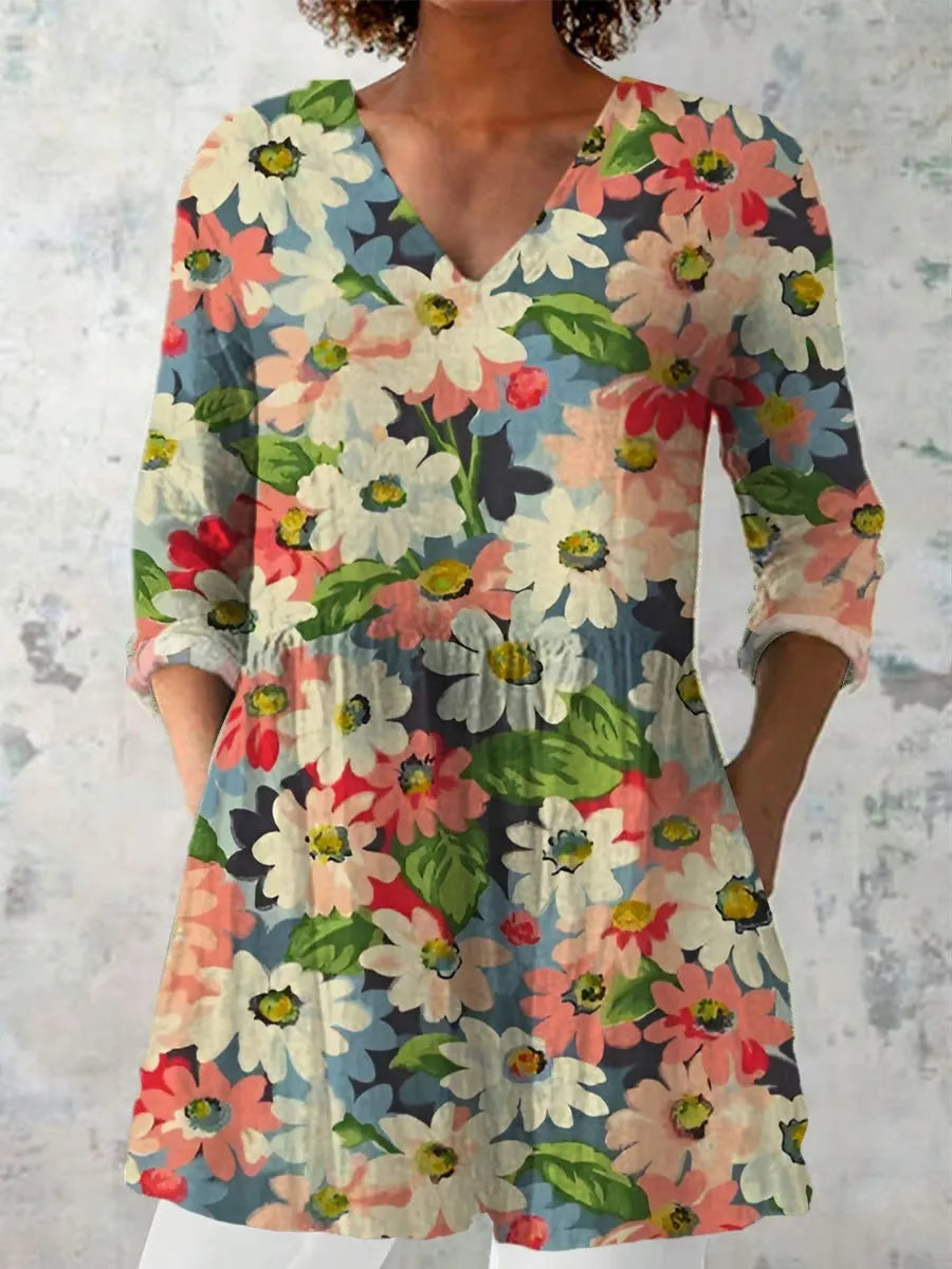 Women's retro slim fit printed long-sleeved polyester top on a hanger, showing digital print design.
