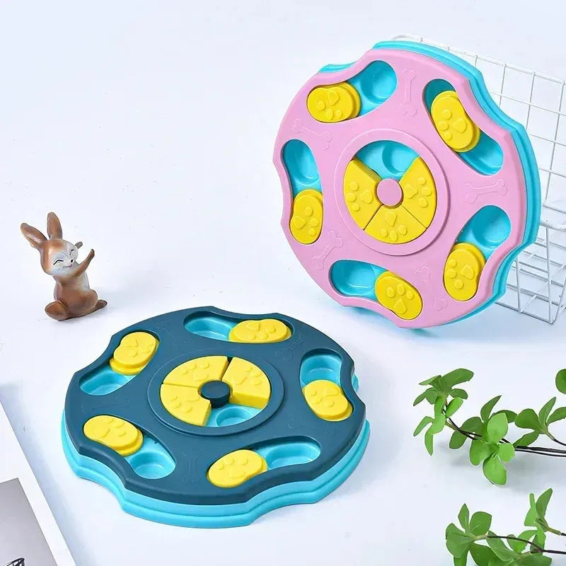 Blue and pink dog puzzle feeder toy with food compartments for interactive play and slow feeding
